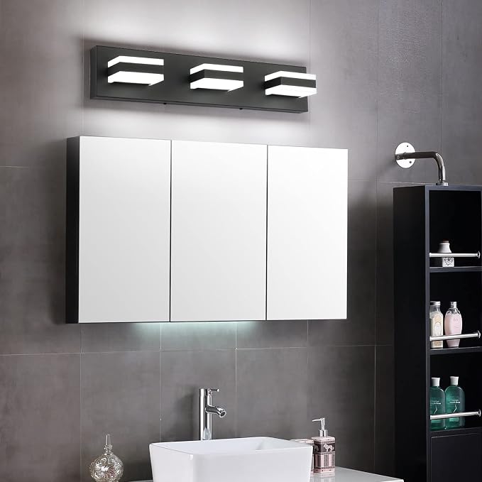 SOLFART LED Black Bathroom Vanity Light Fixtures Over Mirror 3 Lights Bath Lighting Restroom Light Modern Vanity Lights for Bathroom Bath Lights ETL Listed