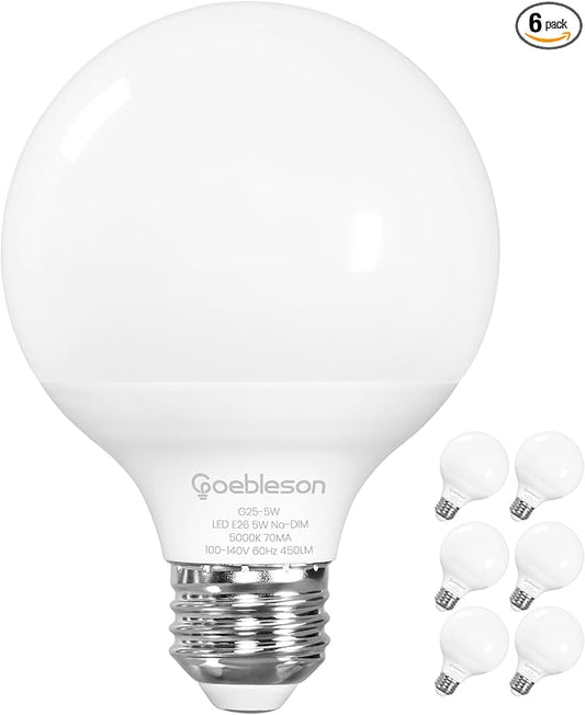 6-Pack G25 LED Vanity Light Bulbs, 5W (60W Equivalent),5000K Cool White, 450LM, CRI90+, Non-Dimmable, Globe Bulb for Bathroom Mirror, Living Room, Bedroom, E26 Base, ETL Listed C01G2P605