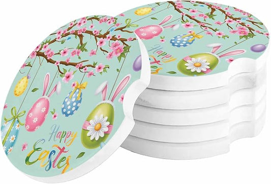 Small Car Coasters for Cup Holders 2.6" Dia Absorbent Coasters Set of 6 Car Interior Accessories for Women Men Easter Eggs Spring Bunny Ears Green Ceramic Car Coaster for Drinks with Finger Grooves