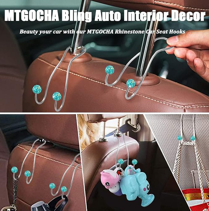 Bling Purse Hook for Car Headrest, Upgraded Cute Car Seat Hooks for Bag Handbag, Durable Stainless Auto Purse Hanger Holder 2 Pack, Lake Blue