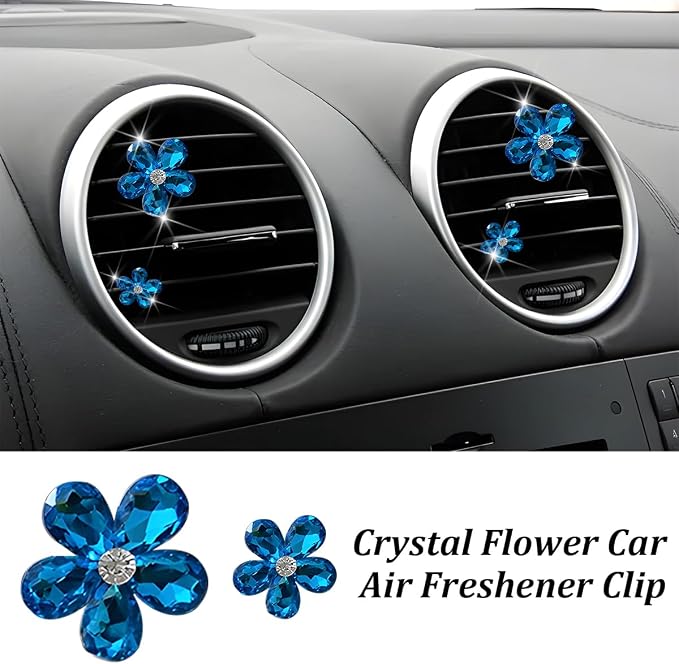 5PCS Bling Flower Car Air Vent Clips, Crystal Rhinestone Vehicle Air Conditioning Outlet Clip, Diamond Automotive Interior Decoration Charm, Universal for Automobile RV Truck (Blue)