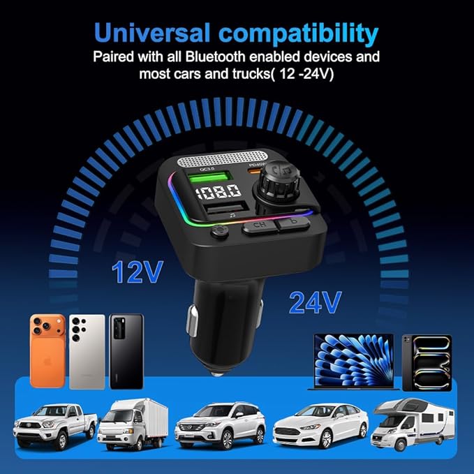 63W FM Transmitter Bluetooth Car Adapter, Wireless FM Bluetooth Transmitter | [PD 45W & QC3.0] Fast Charge, Deep Bass Player, Hands-Free Calling, Black