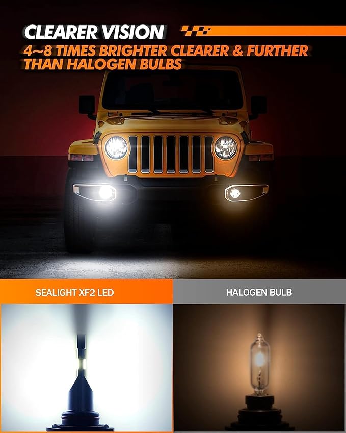SEALIGHT 9006 Fog Light Bulbs or DRL, 600% Brightness 9006 HB4 Fog Lights Led for Car, 6500K Cool White Strong Penetration, 50,000 Hours Lifespan 20000RPM Turbo Fan, Pack of 2