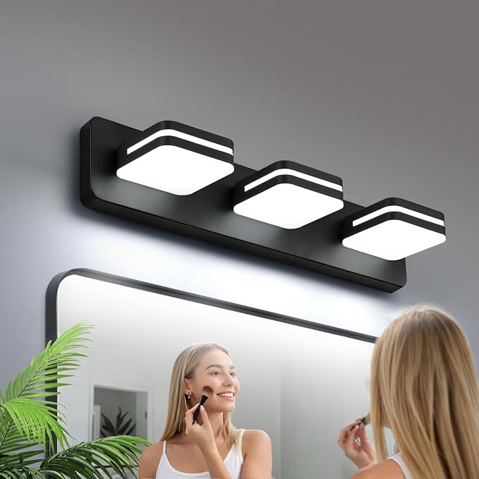 Torondo 360° Rotate LED Bathroom Vanity Light Fixtures, Acrylic Vanity Lights for Bathroom, Modern Wall Lighting Fixtures Over Mirror Living, Matte Black, 100%-0% Natural White, 3-Light, 17-Inch