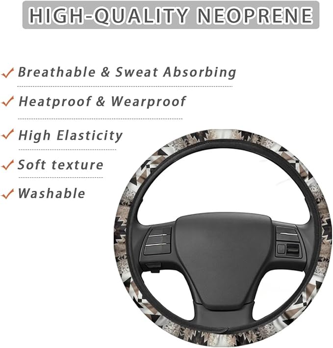 Wanyint Southwestern Aztec Brown Auto Steering Wheel Cover Universal 15 Inch Diameter Anti-Slip Neoprene Car Steering Wheel Protector for Women Men