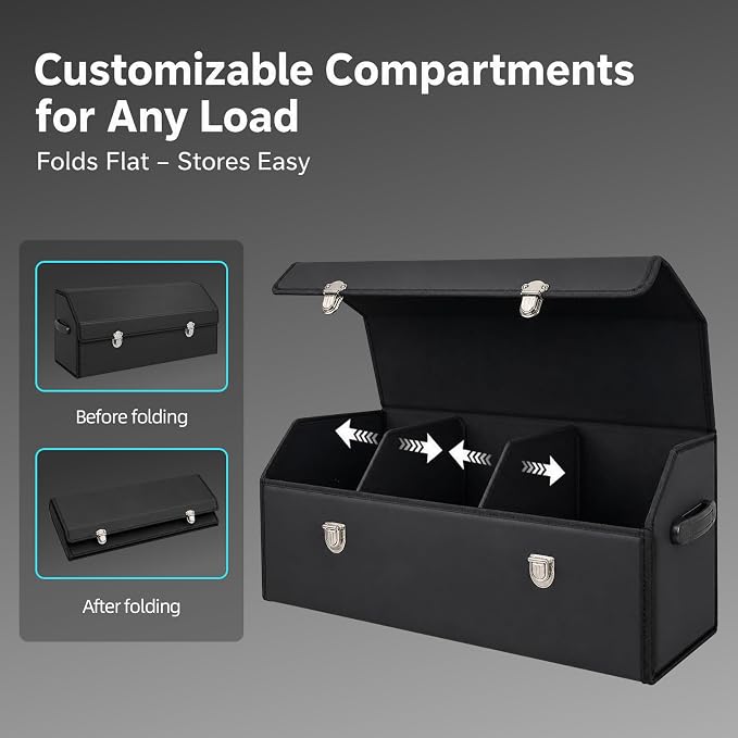 Car Trunk Organizer with Lid, Foldable Faux Leather Storage Box | Foldable design, faux leather exterior, 3 compartments