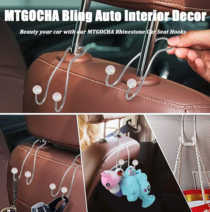 Bling Purse Hook for Car Headrest, Upgraded Cute Car Seat Hooks for Bag Handbag, Durable Stainless Auto Purse Hanger Holder 2 Pack, Colorful