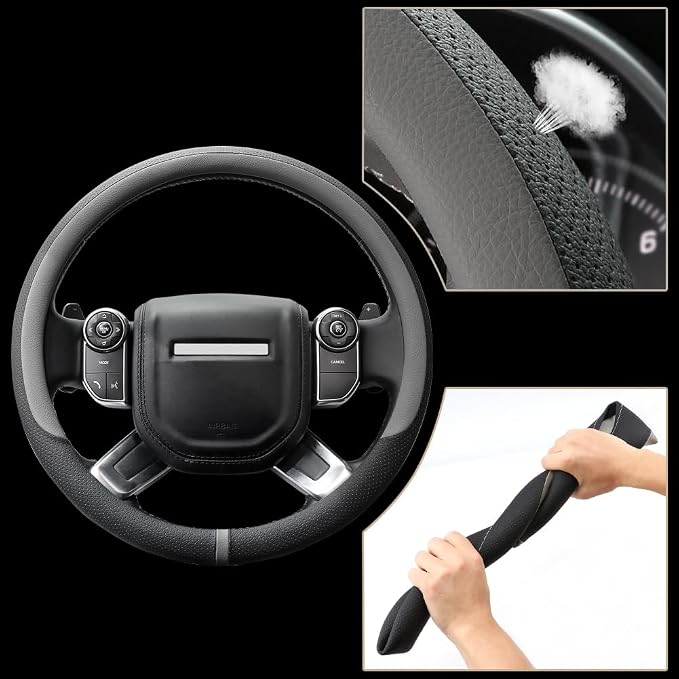 COFIT Breathable Car Steering Wheel Cover 16 inch Auto Universal Leather Wrap Non-Slip Steeringwheel Protector Automotive Interior Accessories, Grey (Suit for 15.5-16 inch)