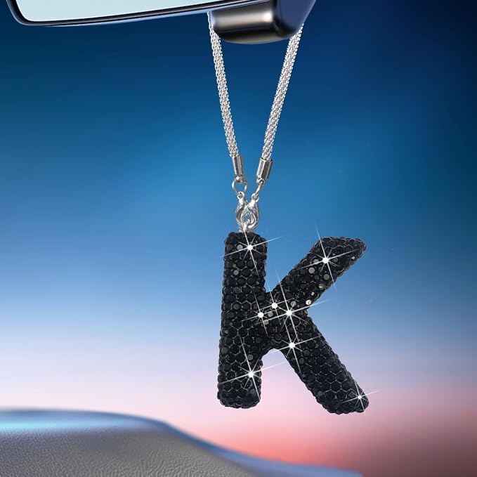 Letter K Bling Black Car Accessories Interior for Women, Interior Charm Rear View Mirror Cute Crystal Pendant Car Decorations for Men, Lucky Gifts Diamond Rhinestone