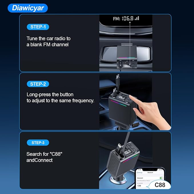 45W FM Transmitter Bluetooth Car Adapter, Wireless FM Bluetooth Transmitter | [PD 30W & QC3.0] Retractable Car Charger, Hands-Free Calling, Black