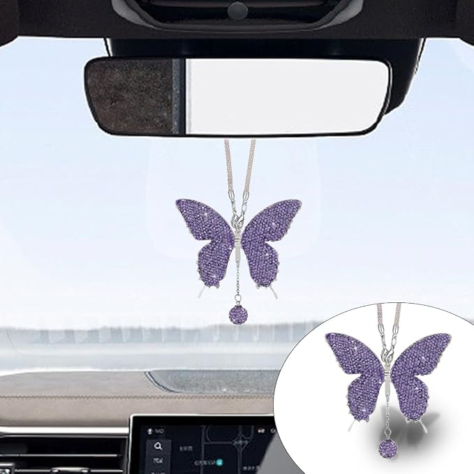 JOYCOURT Bling Butterfly Diamond Car Hanging Accessories for Women, Green | Crystal Butterfly Rear View Mirror Luck Car Decoration Accessories, Valentine's Day Presents Ornament Pendant for All Cars