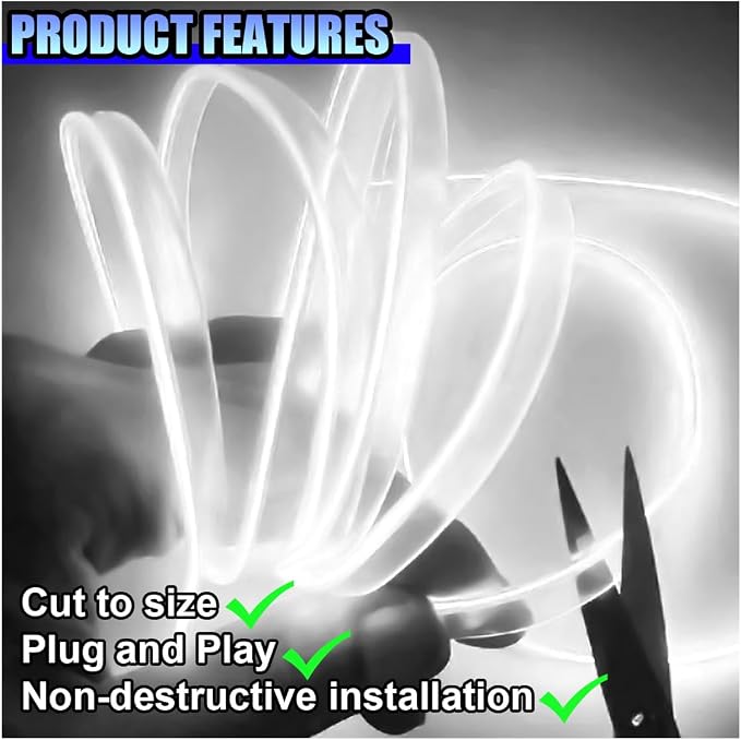ZIMISI EL Wire Car Interior LED Strip Lights, Neon Light Strip (White) | 5V 16FT Car Ambient Lighting Decorations with Sewing Edge, USB Electroluminescent Car Interior Lights with Fuse Protection