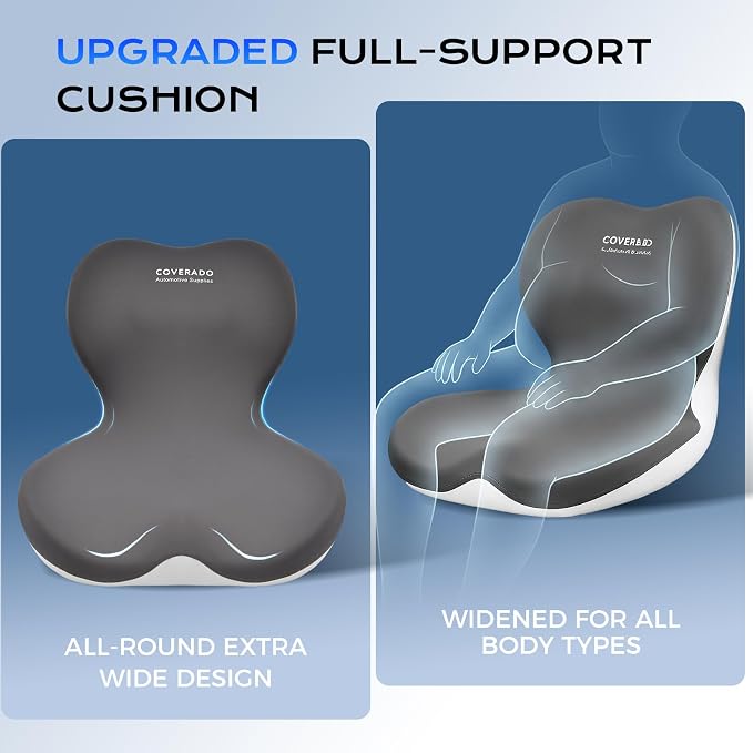 Coverado [Upgraded] Car Seat Cushion and Lumbar Support Pillow One Piece, Memory Foam Ergonomic Back Support Driving Seat Cushion for Back Pain, Non-Slip Washable Cushion for Car, Driver, Office