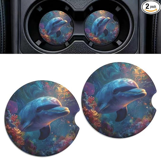 Car Cup Holder Ceramic Coasters 2 Pack, 2.56 in Anti Slip Absorbent Coaster with Cork Base and Finger Notch, Funny Cute Car Accessories Interior for Women, Killer Whale