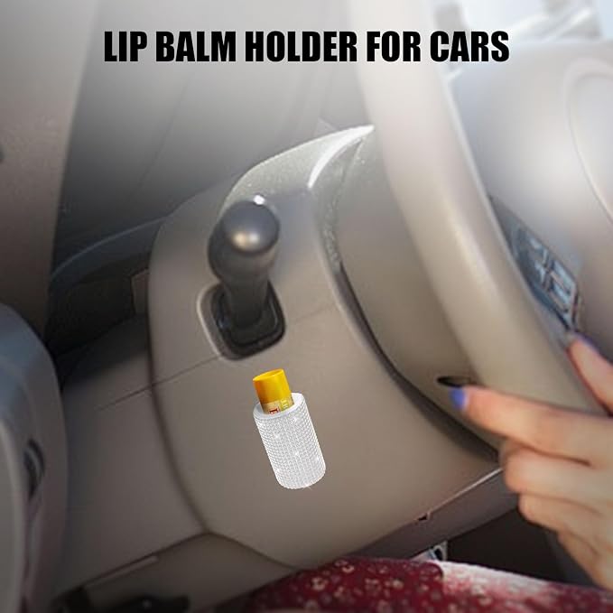 Upright Car Chapstick Holder, Bling Insulating Lip Balm Holder,Rhinestone Car Accessories for Women Interior ,Suitable for Most Vehicles. (White)