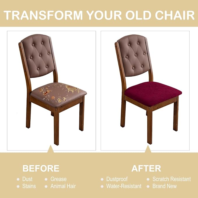 Waterproof Seat Cover for Dining Room Chair Seat Covers Washable Kitchen Chair Seat Slipcovers Protector (Wine Red, 2 PCS)