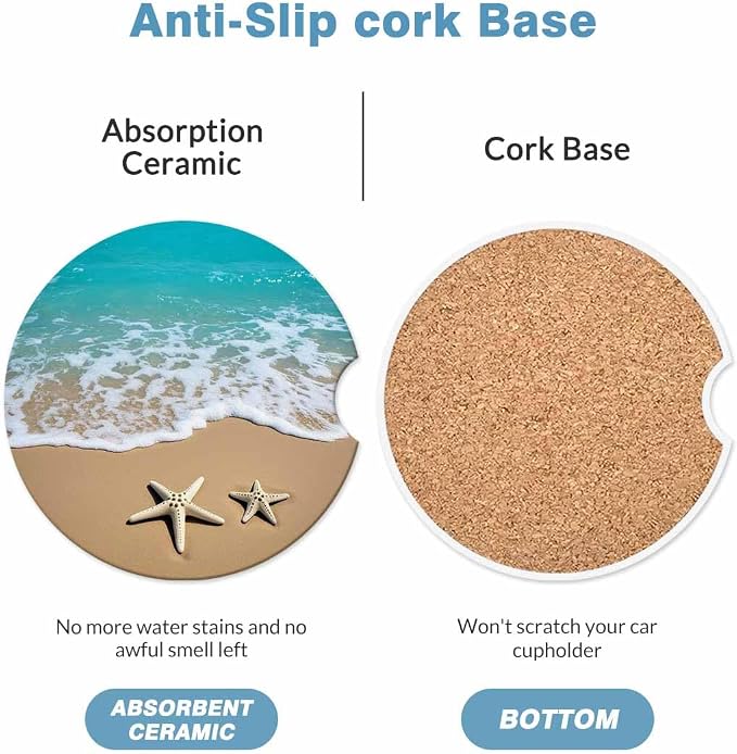 Summer Beach 2 Pack Car Cup Holder Coaster Sea Wave Starfish on Sand Anti Slip Insert Absorbent Ceramic Car Coaster with Cork Base and Finger Notch Cute Car Accessories Interior for Women Men