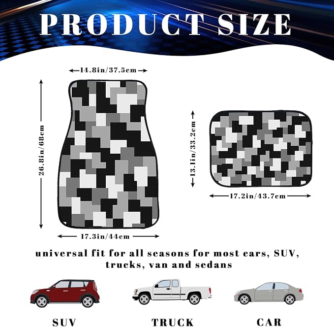 White Grey Black Car Floor Mats Blocky Abstract Retro Pixel Carpet Front Rear Carpets Mat Decorative Car Floor Carpets Non-Slip Auto Car Accessories Universal Fit Car Accessories for Truck