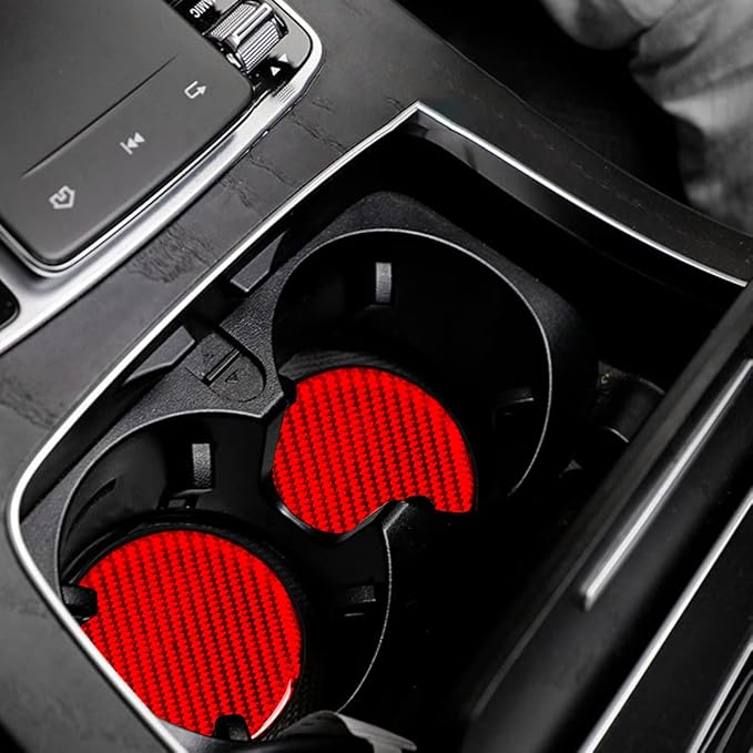 BESULEN Car Cup Holder Coaster, 4 PCS Carbon Fiber Non-Slip Embedded Coasters, Universal 2.75 Inch Cup Holder Insert Coaster Pad, Sports Racing Durable Drink Mat, Car Interior Accessories