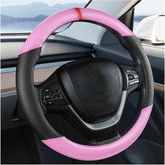 Carbon Fiber Car Steering Wheel Cover, Leather Breathable Automotive Wheel Protector, 15 Inch Anti-Slip Vehicle Interior Steering Accessories, Universal for SUV Truck Sedan (Pink)