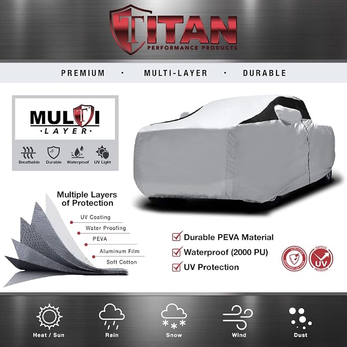 Titan Premium Multi-Layer PEVA Car Cover for Mid-Size Pick-up Trucks 200-212”. Waterproof, UV Protection, Anti-Scratch Protective Lining, Driver-Side Zippered Opening. Fits Tacoma, Ranger and More.