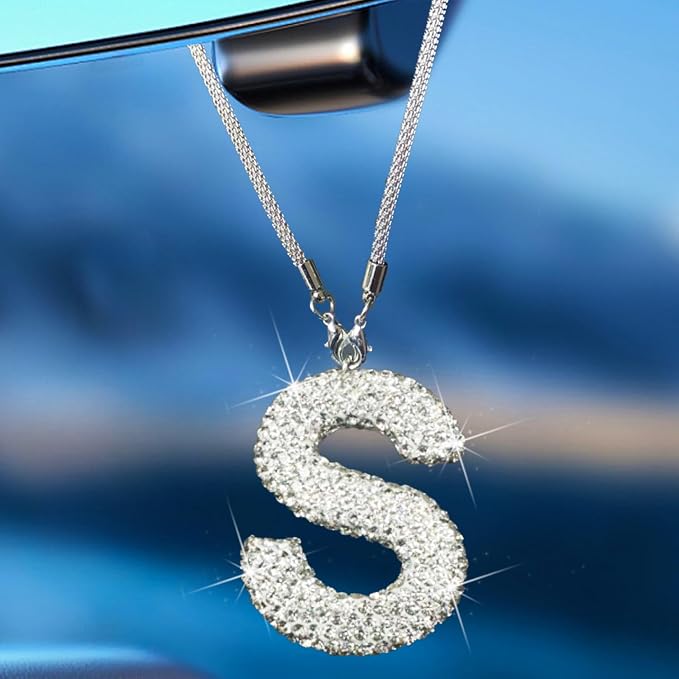 Bling Car Letter Charm, Rear View Mirror Ornament Cute Hanging Crystal Pendant Bling Car Accessories, Lucky Diamond Rhinestone Women Charm Auto Decoration (White S)