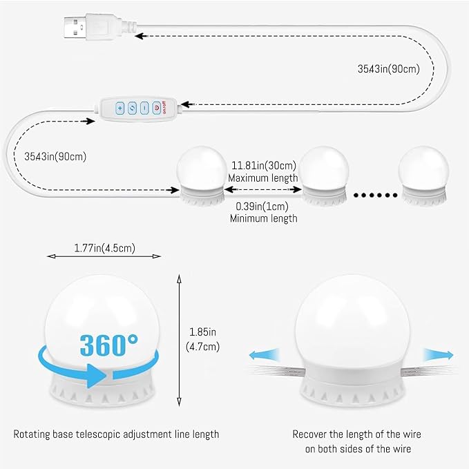 LED Vanity Lights for Mirror Hollywood Style USB Fill Light Adjustable Color and Brightness Mirrors Lights Stick on Makeup Table,Bathroom,Dressing Room (No Mirror Include) (10 Bulbs)