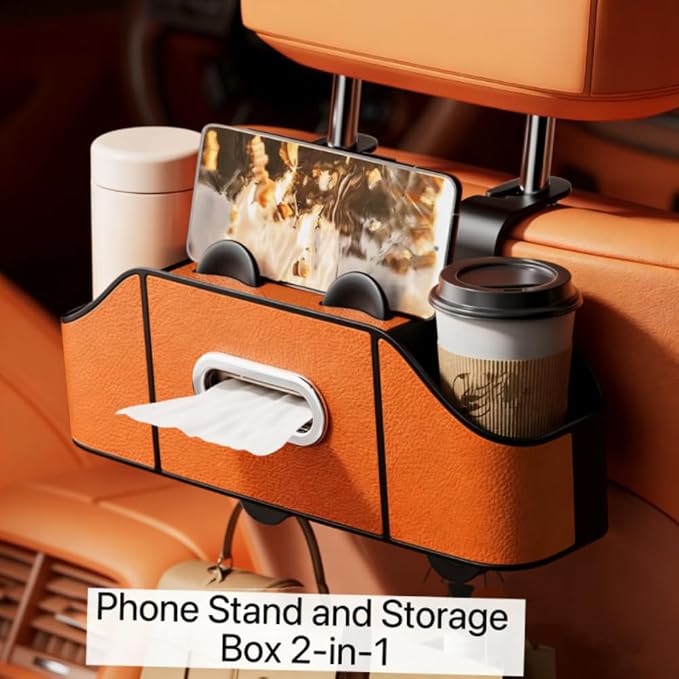 2 Pack 4-in-1 Car Backseat Organizer, PU Leather Headrest Storage Box with Tissue Holder, Dual Cup Holders, Phone Stand & Hooks, Universal Fit for Most Cars, Road Trip Essentials (Orange)