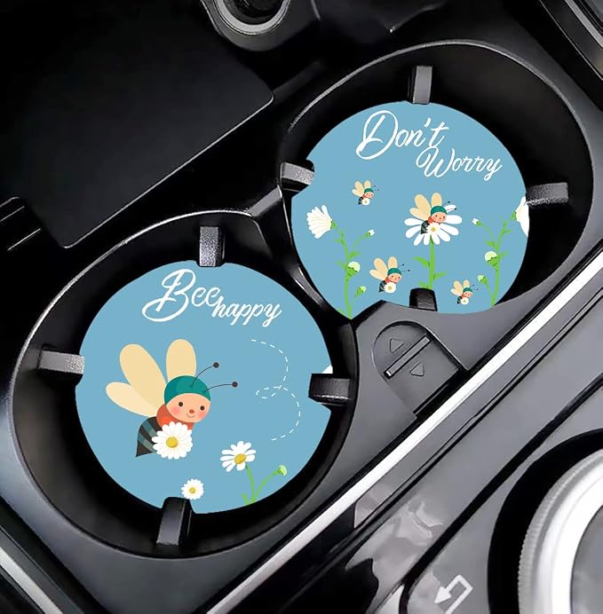 LogHog 2.56" Ceramic Car Coasters - Adorable Bee Design: Don't Worry, Bee Happy - Perfect Auto Cup Holders for Car, Absorbent, Durable