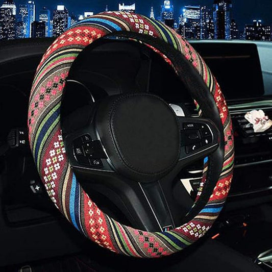 SHIAWASENA Car Steering Wheel Cover, Coarse Flax Cloth, Ethnic Style, Universal 15 Inch Fit, Anti-Slip Sweat-Absorbent (F#)