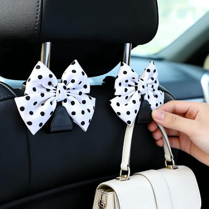 2PCS Car Seat Headrest Hooks, Car Purse Hook, Cute Bow Knot Vehicle Seatback Hanging Storage Organizer, Auto Seatback Decor Organizer Hanger for SUV Truck (White/Polka Dot)