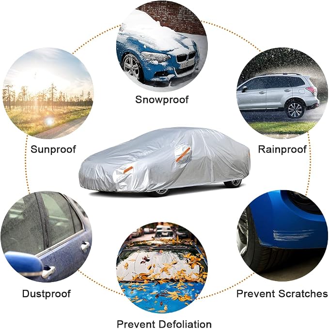 Kayme Sedan Car Cover Waterproof All Weather (194 to 208 Inch) | Protects cars from outdoor UV exposure, blocks blowing dust and wind, breathable lightweight material, easy storage