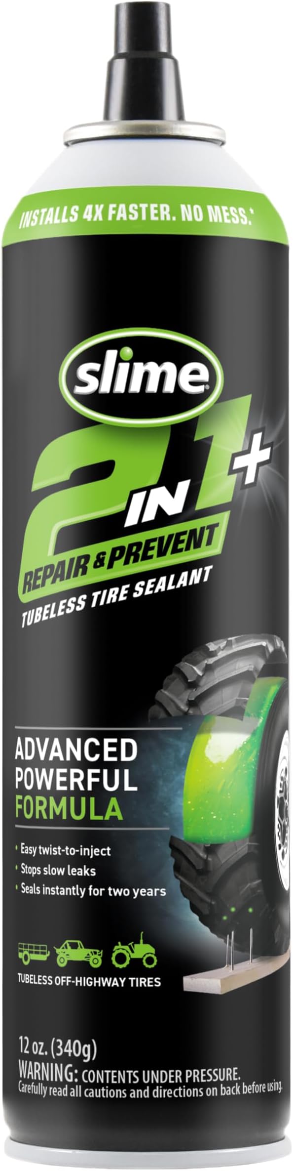 Slime 60199 2-in-1 Repair & Prevent Tubeless Tire Sealant, Instant Flat Tire Fix, Seals up to 1/4" Punctures Without Valve Core Removal, for Tractors, UTVs, Trailers & More, 12 Fl Oz