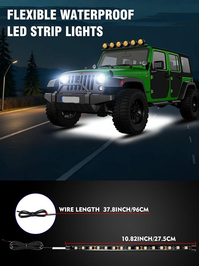 Car Led Light Strip IP67 Waterproof Flexible 11inch 8Pcs - White | 12V Footwell & Underglow Lights, Interior & Exterior Decoration, Fits SUVs, Trucks, Motorcycles, Boats, Golf Carts