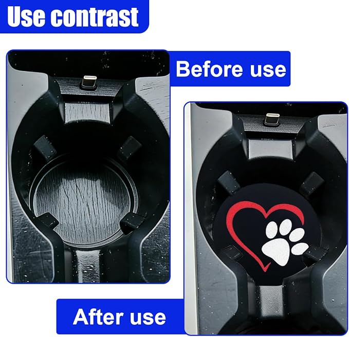2PCS Dog Paw Heart Print Car Cup Holder Coasters, 2.73 Inch Anti-Slip Shockproof Automotive Drink Mat for Women and Men, Universal Vehicle Cup Holder Insert for RV, SUV, Truck (White&Red)