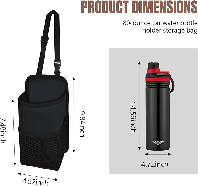 2 in 1 Large Cup Holder, 80oz Auto Water Bottle Holder Bag, Multifunctional Car Hanging Storage Bag for Big Drinks, Items, Vehicle Seat Side Organizer with Mesh Pocket, Car Accessories (Black)