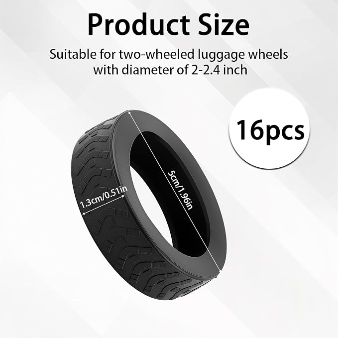 16 Pcs Luggage Wheel Covers for Spinner Wheels, Fits 2–2.4 Inch Wheels | Silicone, Wear-Resistant, Anti-Noise, Reduces Vibration, Protects Wheels