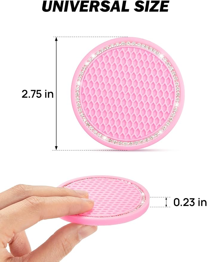 JOYTUTUS Cup Holder Coasters for Car, 2 Pack Universal Anti-Slip Car Coasters with Crystal Rhinestone, 2.75 inch/6.98 cm PVC Cup Holder Insert Coaster, Pink Car Accessories (Pink with Diamond)