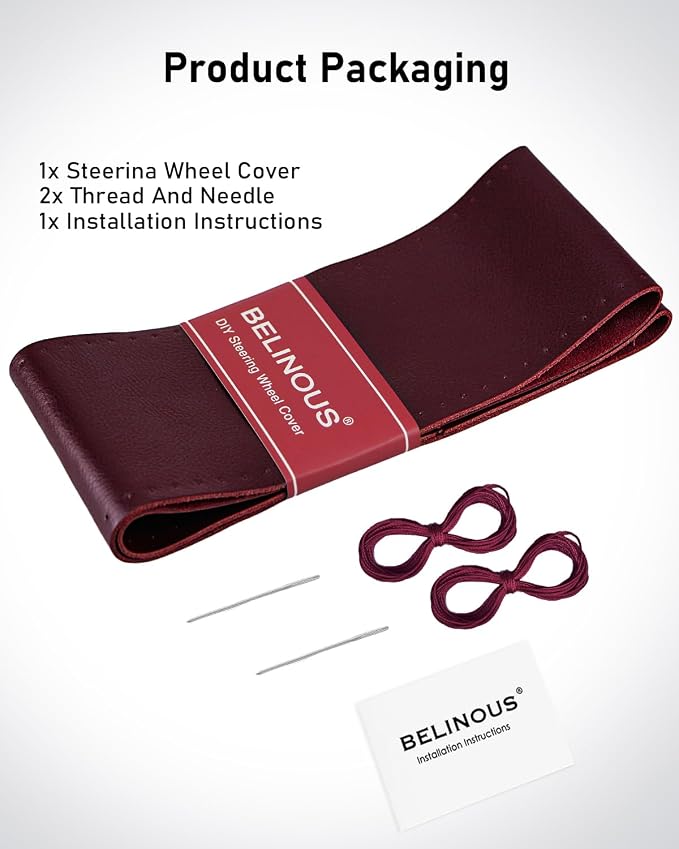 BELINOUS Leather Steering Wheel Cover Lace Up, Stitch on Steering Wheel Wrap, Universal Fit 13-20 Inch Car Truck Pickup Boat, A Whole Piece of Cowhide, DIY w/Needle Thread (Size L2, Wine Red)