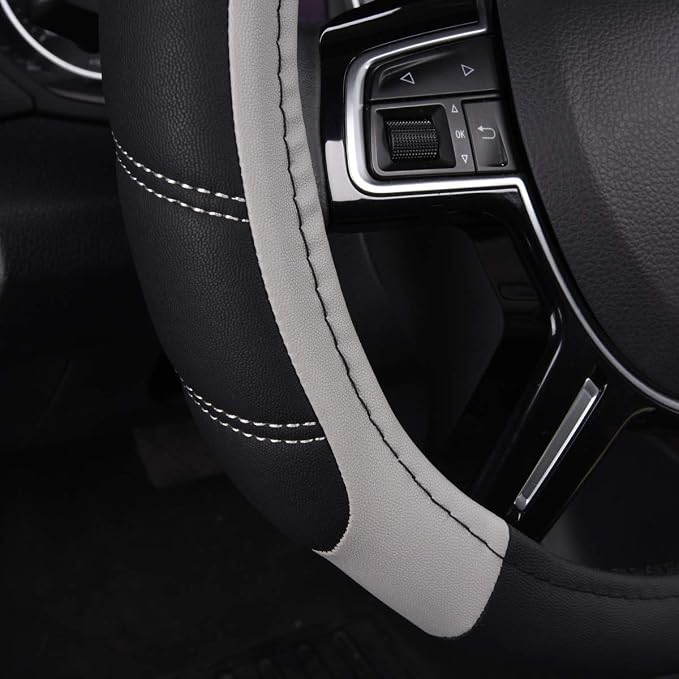 CAR PASS Line Rider Microfiber Leather Sporty Steering Wheel Cover Universal Fits for 95% Truck,SUV,Cars,14.5-15inch Anti-Slip Safety Comfortable Desgin (Black-Gray)