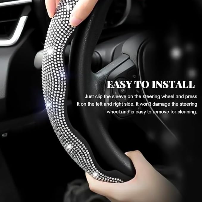 2 PCS Steering Wheel Cover, Segmented Car Wheel Covers with Crystal Rhinestones, Non-Slip Protector Bling Sparkly Decoration for Most Steering Wheels, Car Accessories (White)