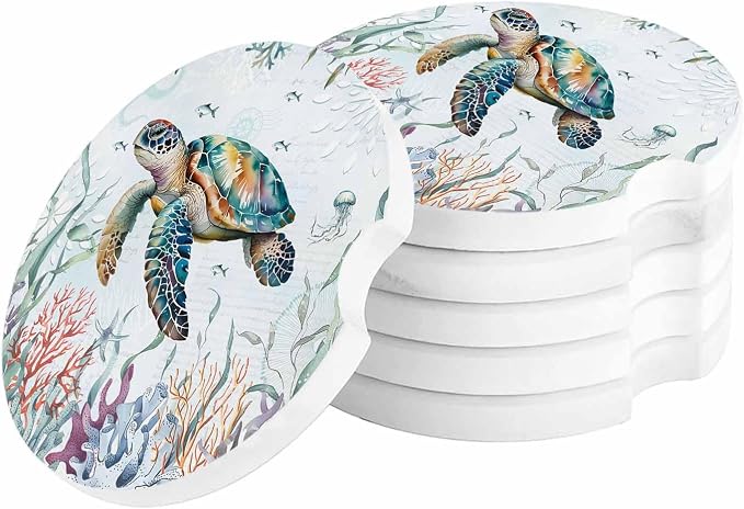 Small Coasters for Cup Holders 2.6" Dia Absorbent Set of 2 Car Interior Accessories for Women Men Summer Ocean Sea Turtle Ceramic Coaster for Drinks With Finger Grooves
