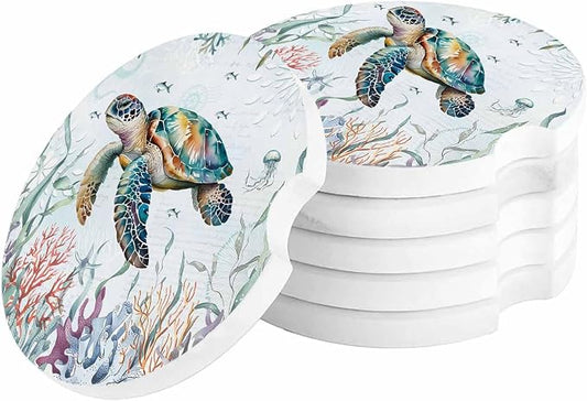 Small Car Coasters for Cup Holders 2.6" Dia Absorbent Set of 6 Interior Accessories for Women Men Summer Ocean Sea Turtle Ceramic Coaster for Drinks With Finger Grooves