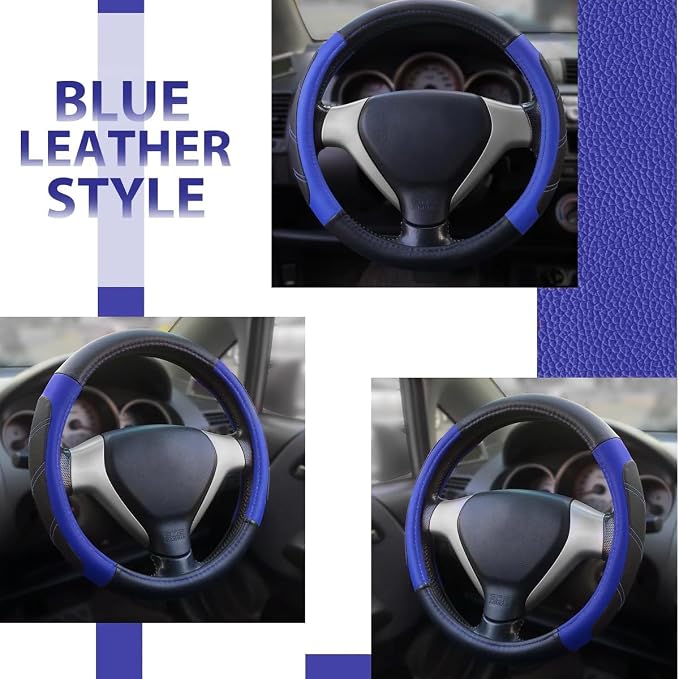 Car Steering Wheel Cover, 15 Inch Leather Breathable Auto Wheel Protection Cover with Non-Slip Lining, Padded Soft Grip Vehicle Steering Protector, Universal Fit (Black/Blue)