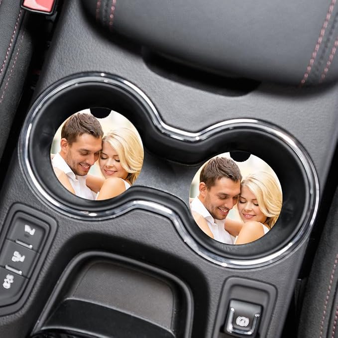 Personalized Car Auto Coasters Custom for Cup Holders Add Your Image Text Logo Absorbent with Fingertip Grip Ceramic Sandstone or Polyester Rubber base 2PCS (Rubber)