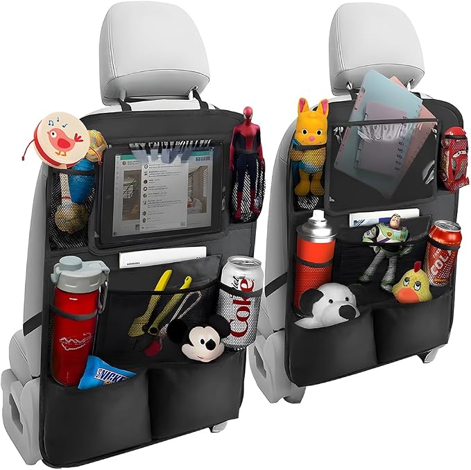 2PCS Car Seat Back Organizer, Waterproof Vehicle Storage Bag with Touch Screen Tablet Holder & 9 Pockets, Auto Kick Mats Back Seat Protector for Kids, Universal Travel Accessories (Black/Large)