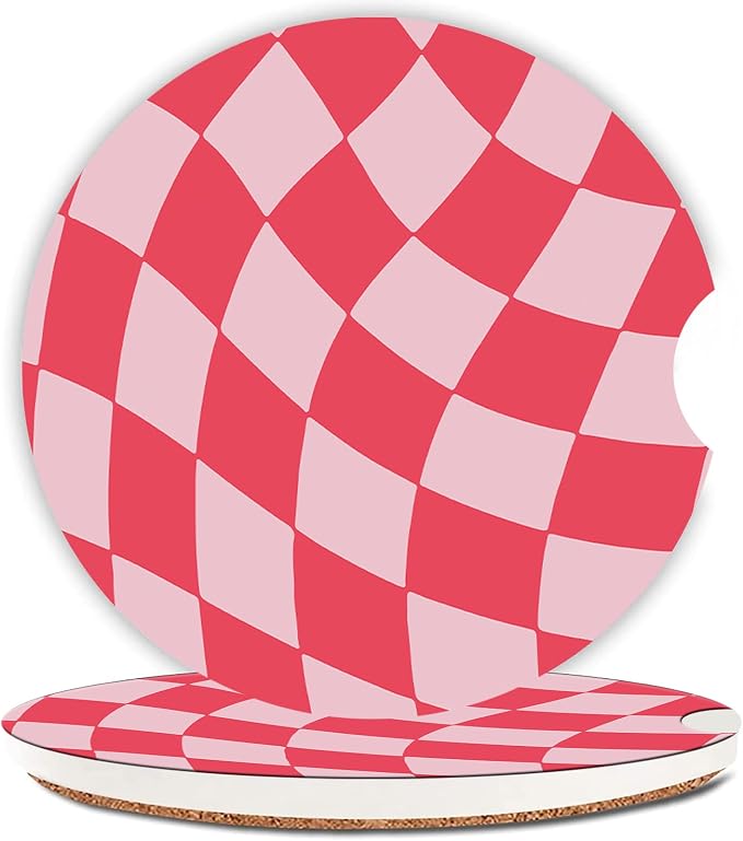 hot Pink Checkerd Car Coasters for Cup Holder Absorbent Ceramic Cup Coaster 2 Pack Anti Slip Car Interior Accessories with Finger Notch Cork Base for Women Men 2.56"