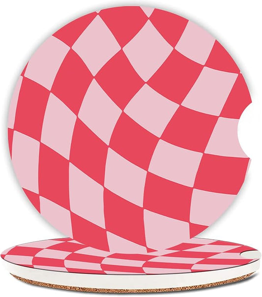 hot Pink Checkerd Car Coasters for Cup Holder Absorbent Ceramic Cup Coaster 2 Pack Anti Slip Car Interior Accessories with Finger Notch Cork Base for Women Men 2.56"