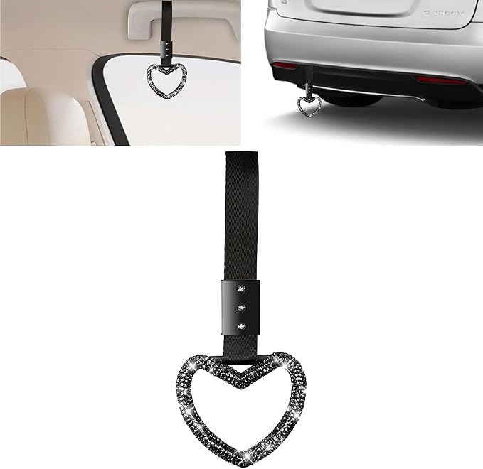 NBTEPEM Bling Heart Handle Ring Bling Car Accessories for Women Handle Strap Drift Charm Rear Bumper Warning Ring Tsurikawa Heart Decor for Car Interior Exterior Decoration (Black, Heart Style)