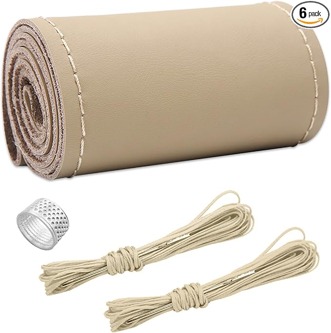 Ziciner Genuine Leather Steering Wheel Cover, Stitch on Wrap, Breathable Anti-Slip Car Steering Wheel Protector for Max Diameter 15 Inch, DIY Sewing with Needles Thread (Beige, Glossy)
